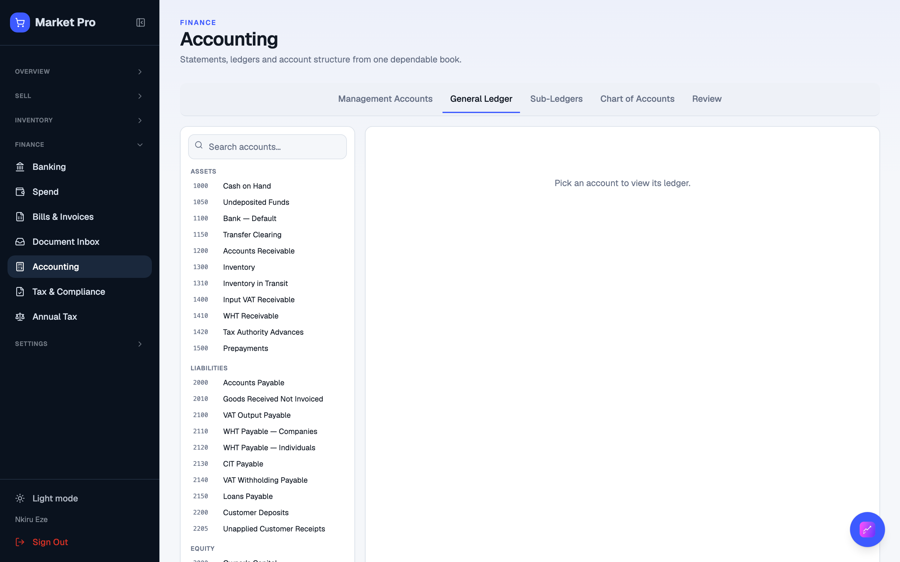 General Ledger with posted journals from sales and expenses.