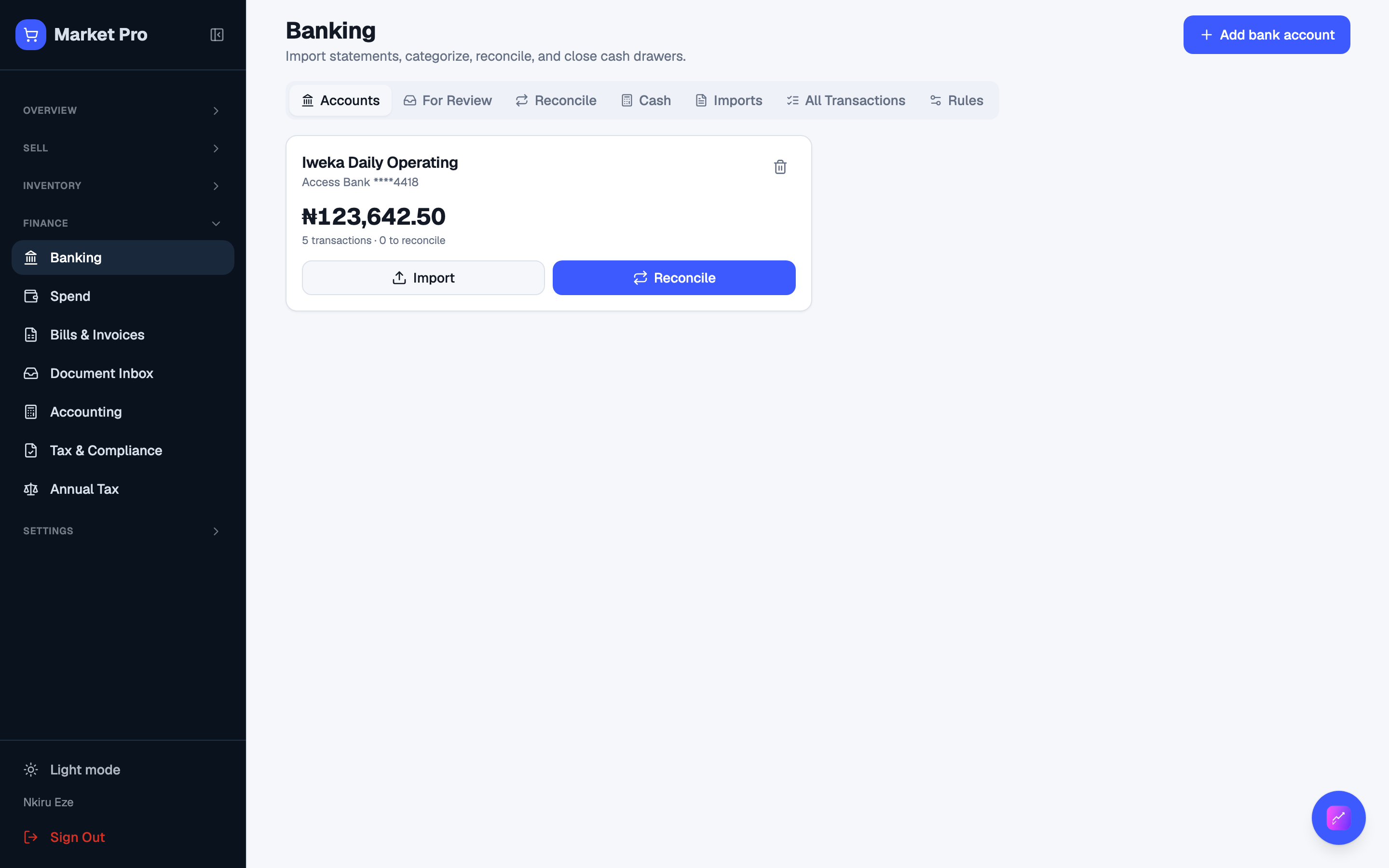 Banking home with accounts, imports, and cash.