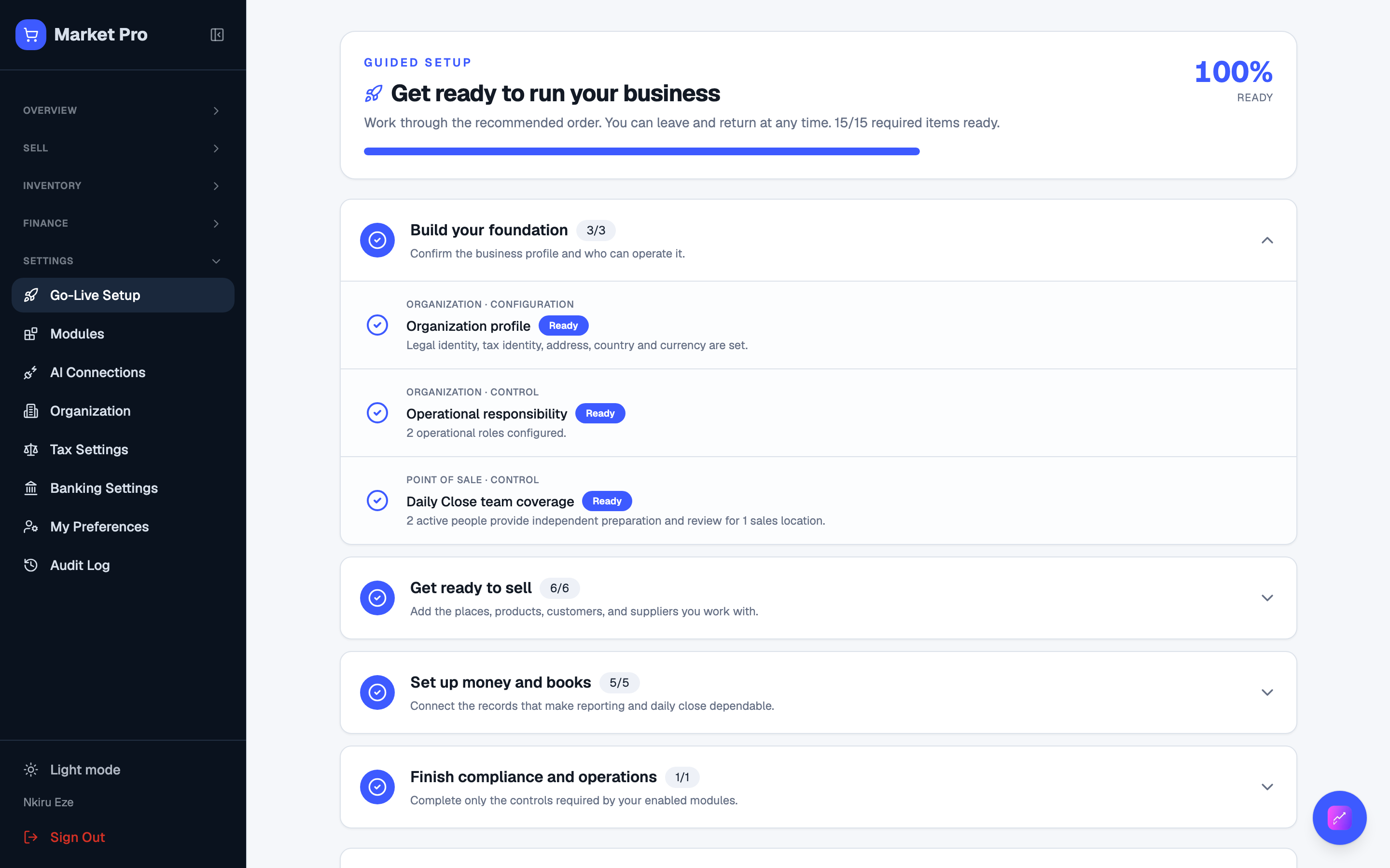 Guided setup with foundation, selling, money, and compliance groups.