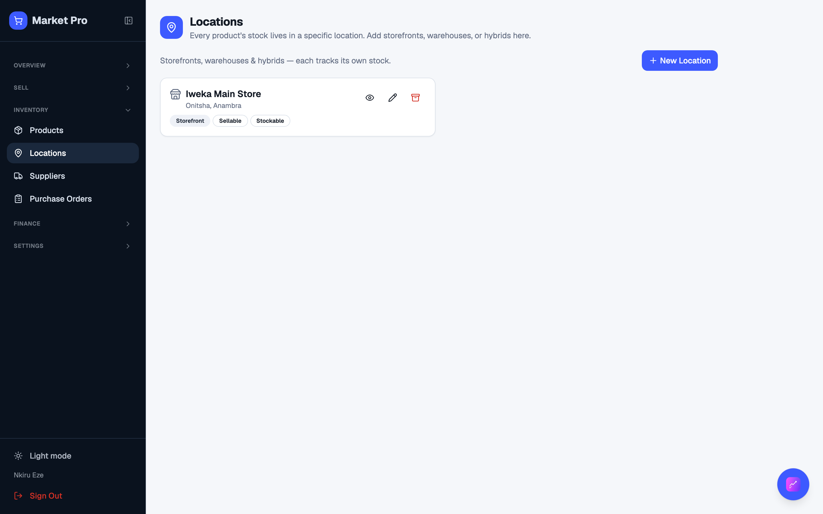 Locations list with storefront, sellable, and stockable badges.