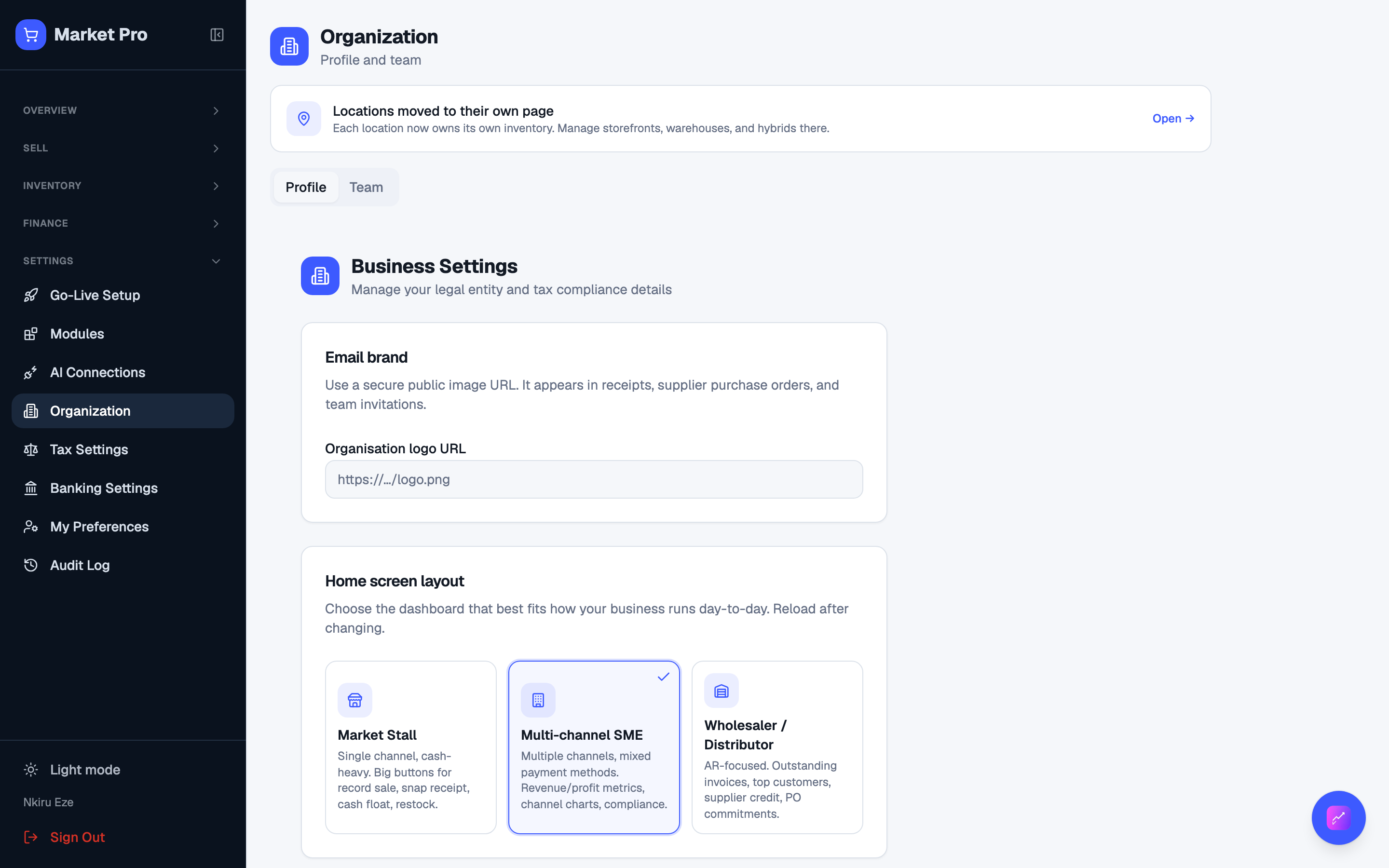 Organization with legal name, TIN, address, and currency fields.