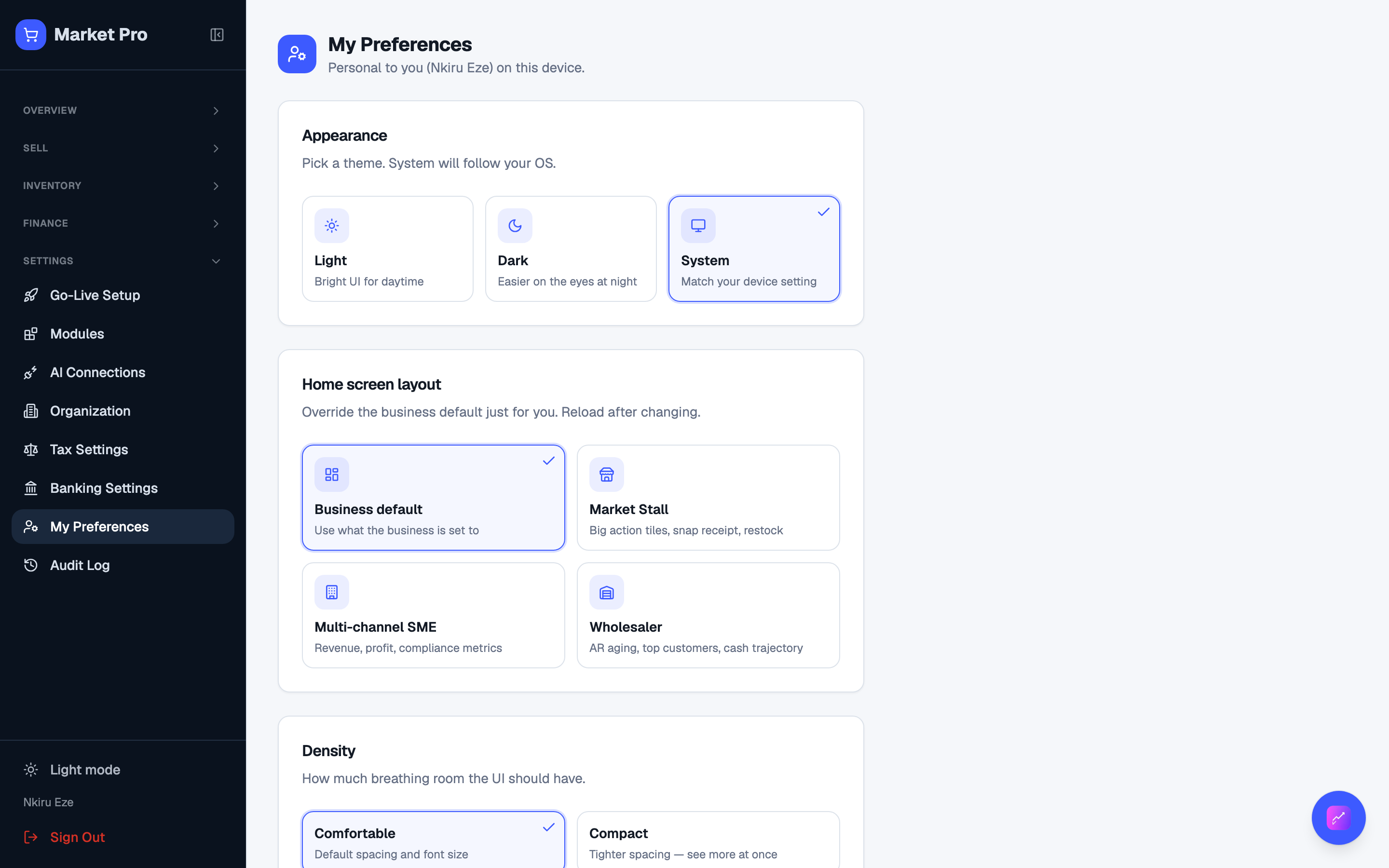 My Preferences with theme, density, and home layout.