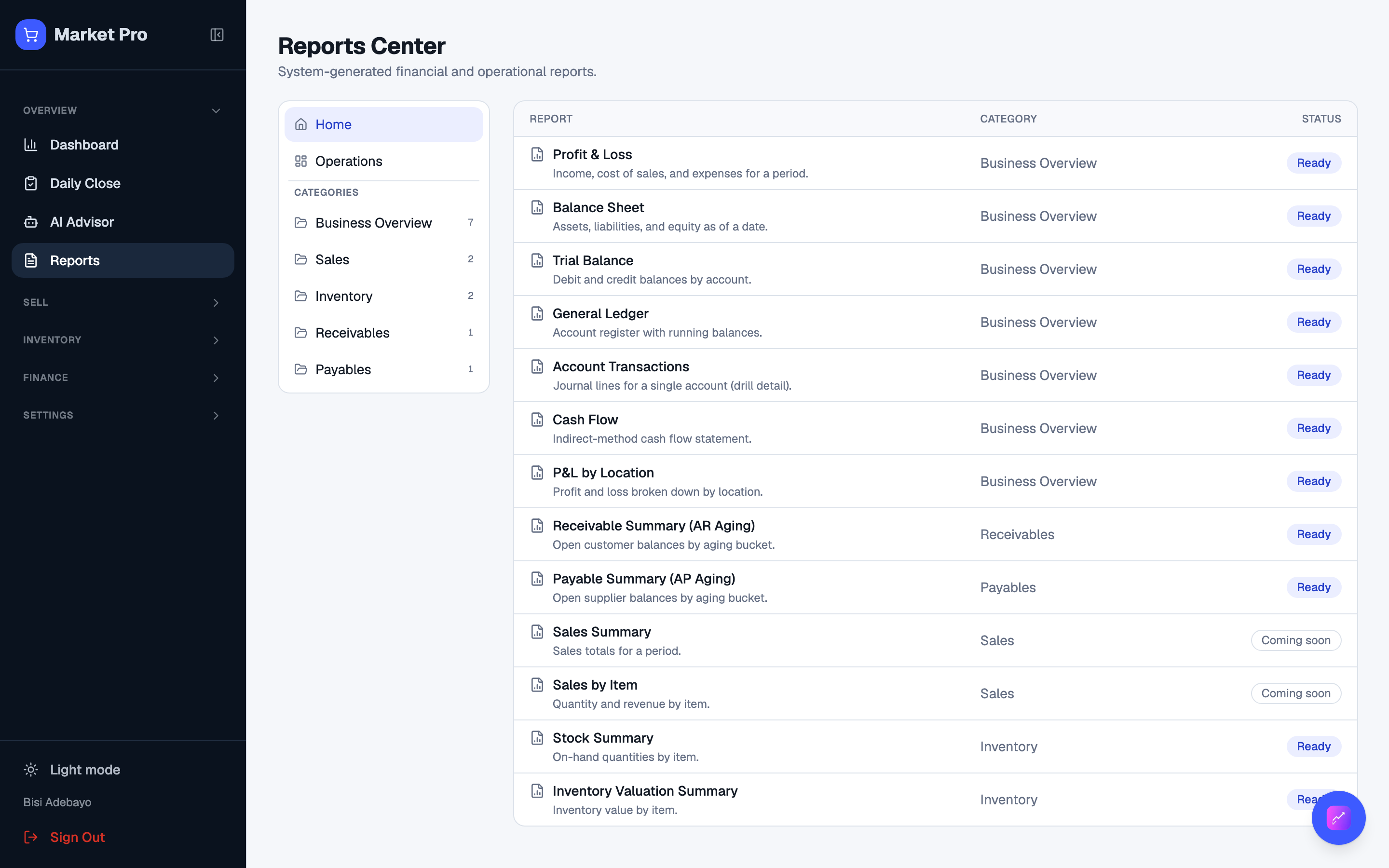 Reports Center catalog.