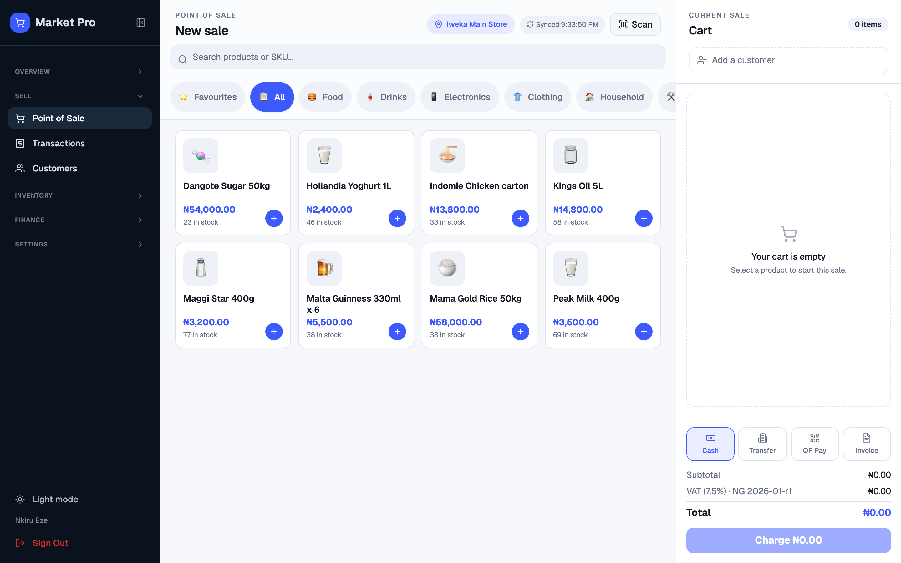 Sell from the counter with location, catalog, cart, Cash, and Transfer.